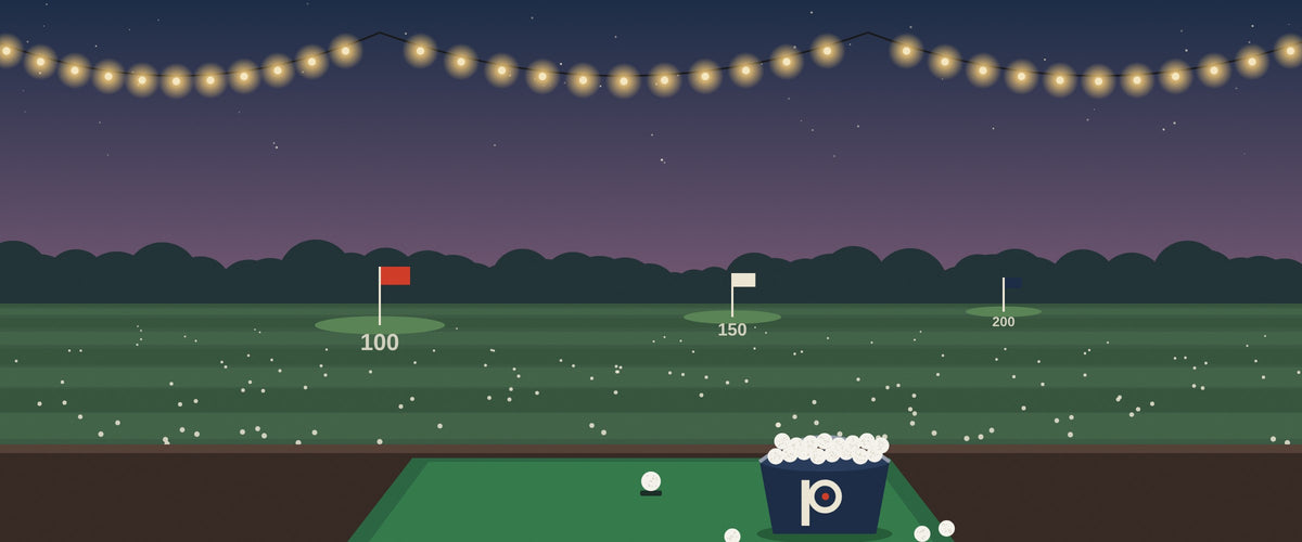 Illustrated driving range at dusk under string lights, with a Provisional ball bucket