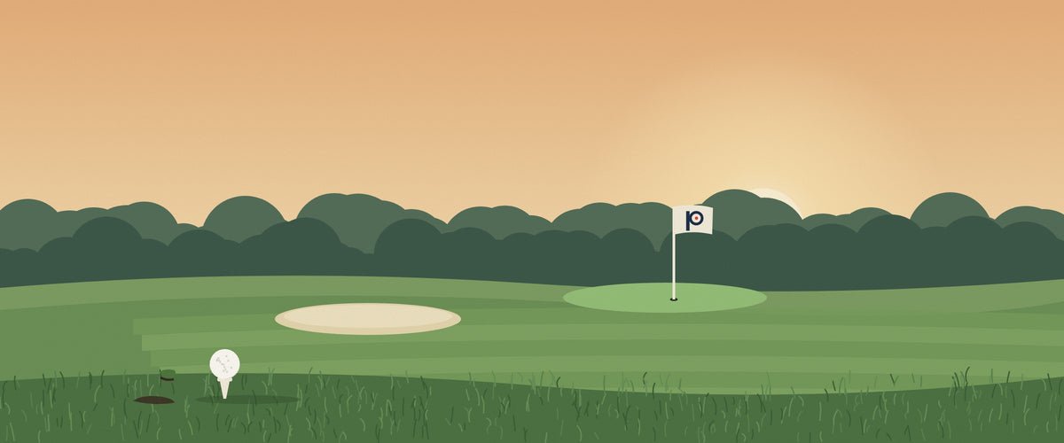 Illustrated golf hole at golden hour with a Provisional flag on the green