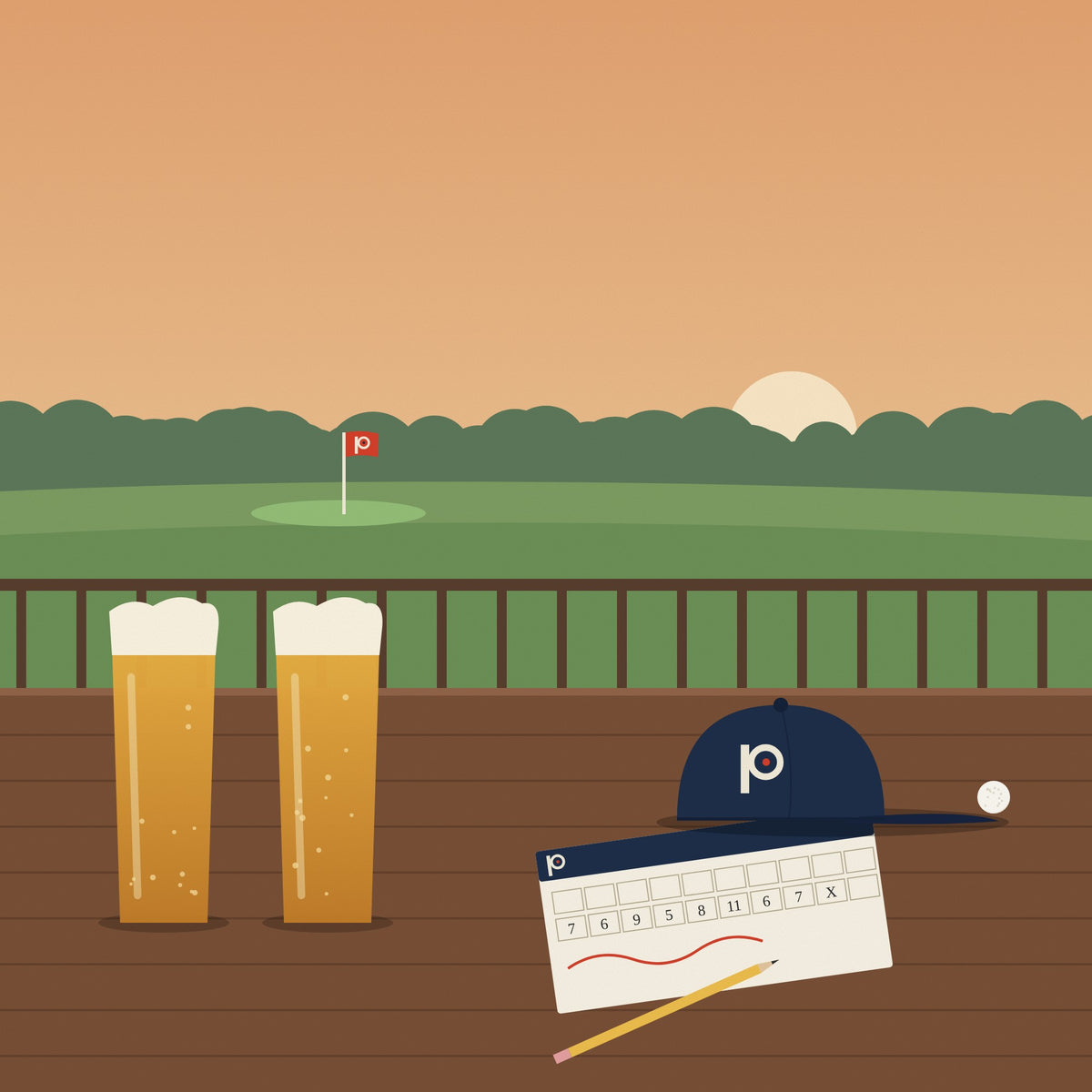 Illustrated clubhouse deck at sunset with two beers, a Provisional cap and a scorecard